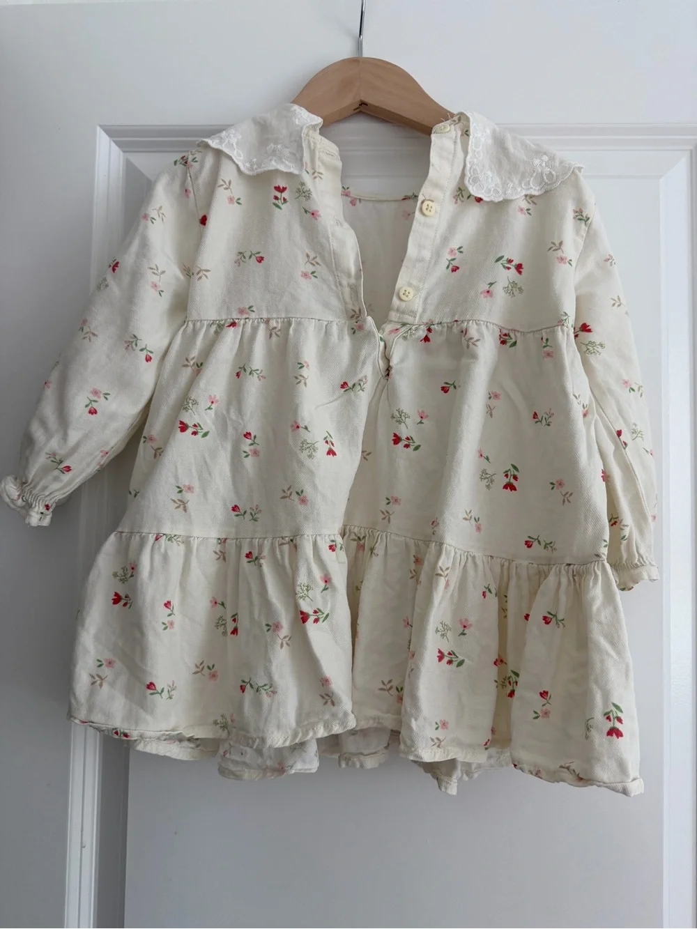 Girls Cream Floral Tiered Dress with Lace Collar